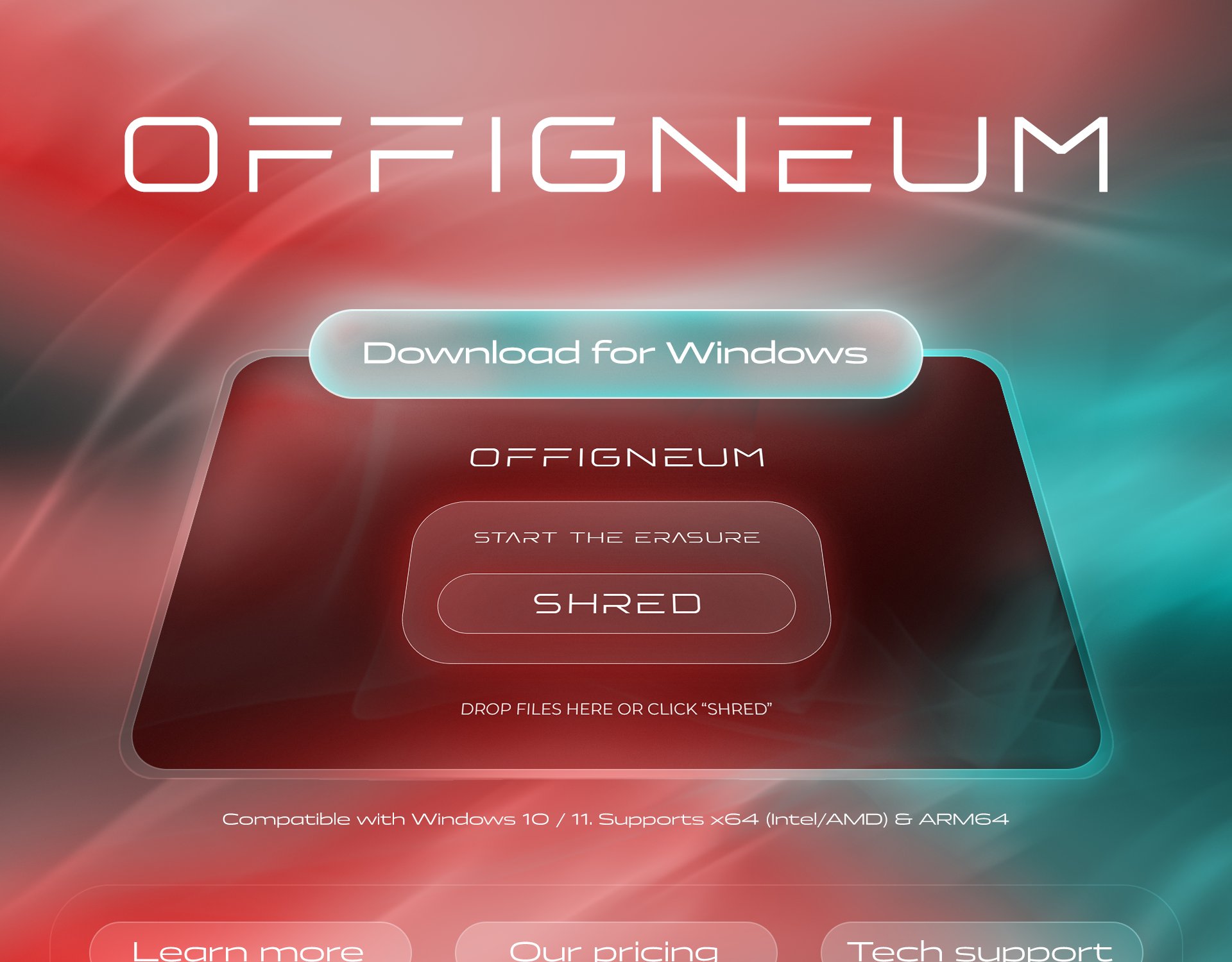 Section of a landing page for OFFIGNEUM, a file erasure tool. Shows a “Download for Windows” button, app interface with “START THE ERASURE” and “SHRED” buttons, and text noting Windows 10/11 compatibility (x64 & ARM64). Background is a red-teal abstract design.