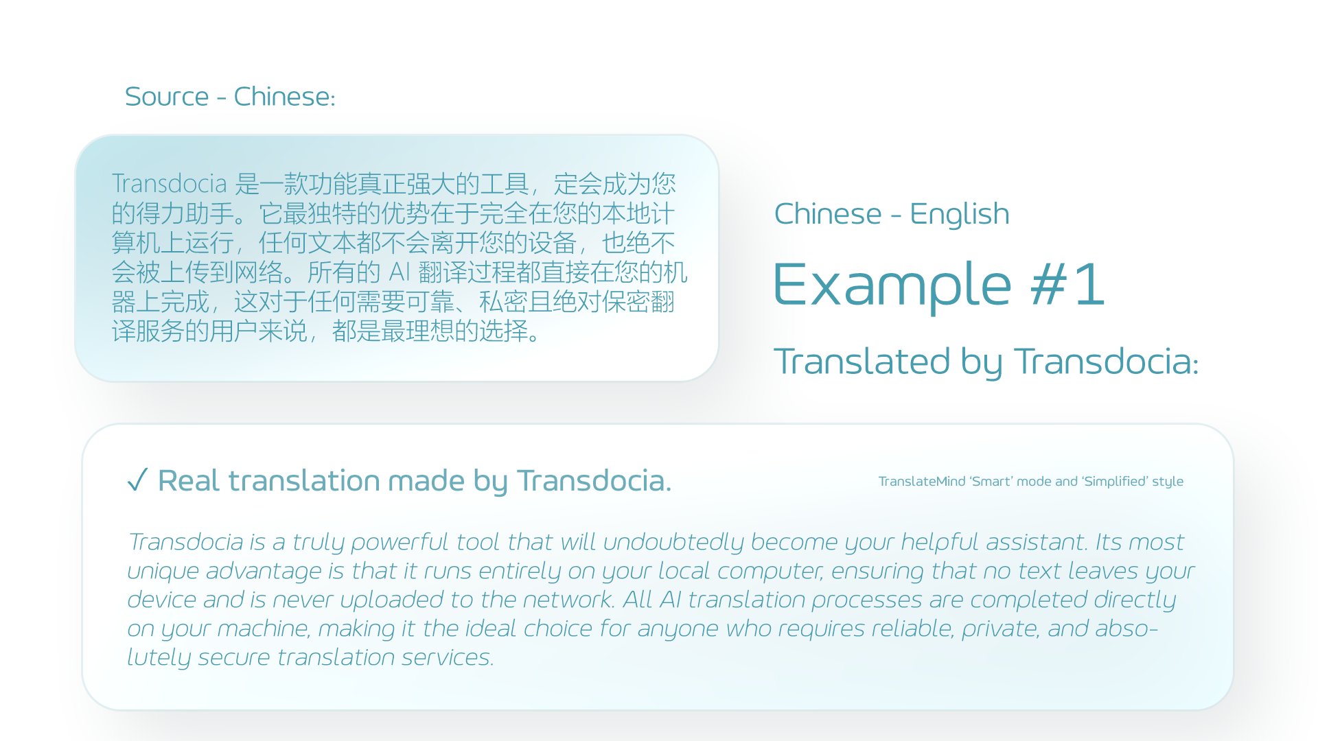 Quality translation. Get flagship-quality translations, privately, on your machine.